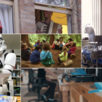 Musicians during "Make a Joyful Noise," Swedish ICU room, 3D printing face shields at Slip Rabbit Studio, Stormtrooper virtually greeting kids in the hospital, Fiddleheads Forest School