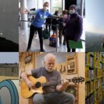 A six-image collage of Seattle Channel content. From top left going clockwise: a coyote, a volunteer helps a patient, a paraglider, Scarecrow Video store, a guitar maker, an animation screengrab.